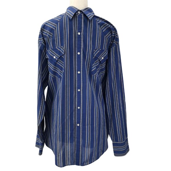 90s Plains Western Wear Mens XL Pearl Snaps Blue Stripes Snap Button Long Sleeve - Picture 7 of 12
